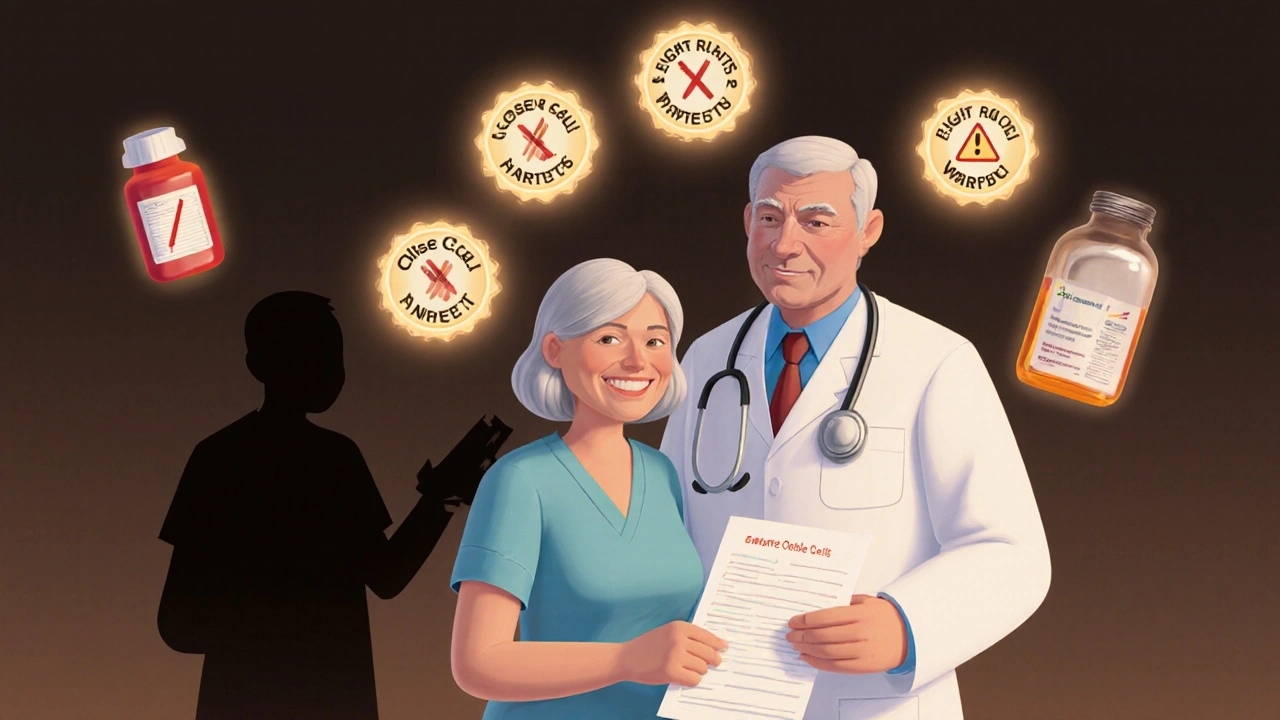 A patient and doctor together with floating Eight Rights badges around them.