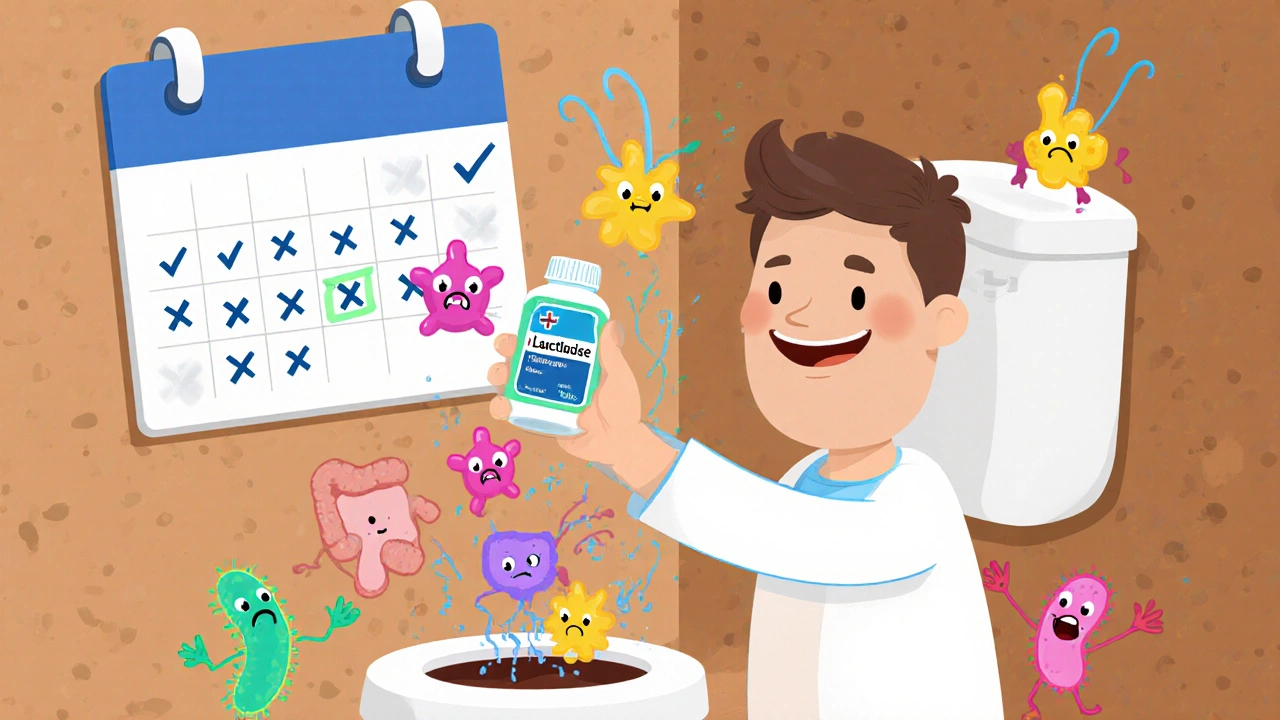 A patient flushing ammonia away with lactulose, depicted in playful clay animation style.