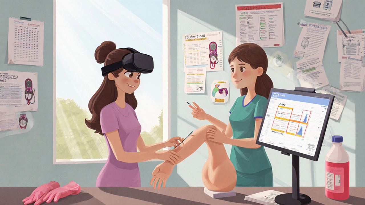 A patient practicing self-needling during training with a nurse and virtual reality headset in a medical center.