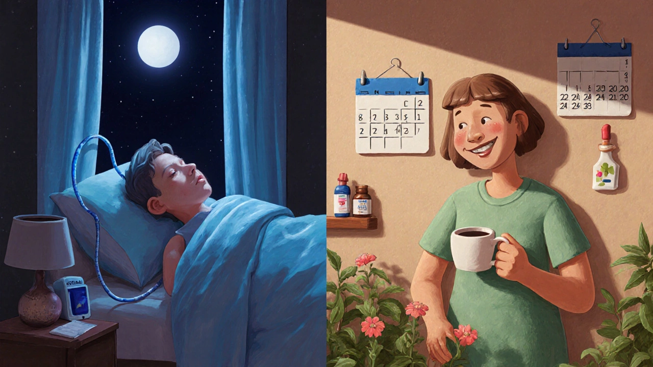 A patient sleeping during nocturnal dialysis, then smiling while gardening the next morning, showing improved quality of life.