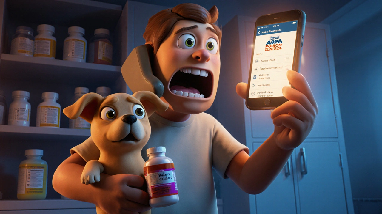 A pet owner calls poison control while holding a dog and a pill bottle, phone screen glowing.