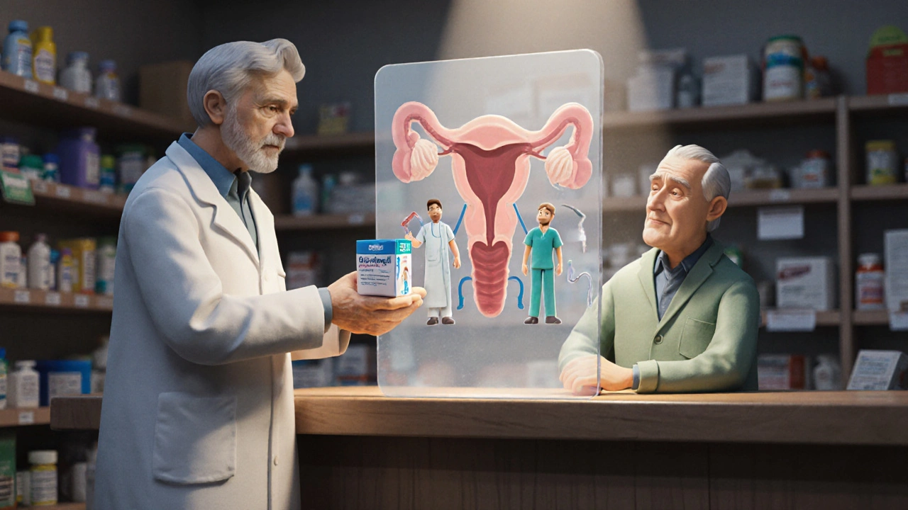 A pharmacist giving cold medicine to an elderly man while a prostate-shaped warning hovers ominously above.
