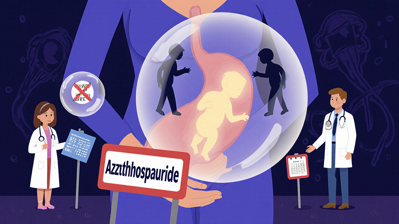 A pregnant woman with a translucent womb showing a safe baby surrounded by azathioprine protection.