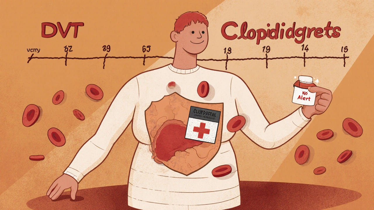 Cancer patient with clopidogrel shield blocking clots, medical alert card visible.