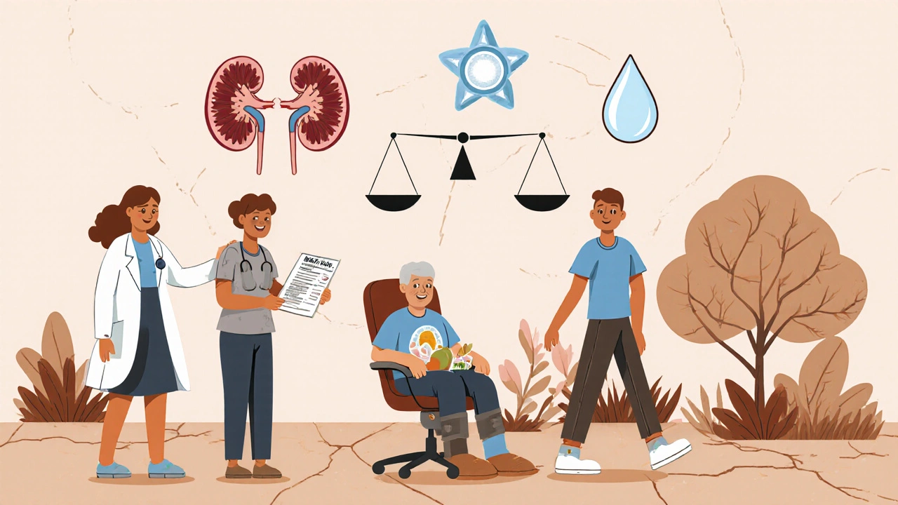 Care team supporting a CKD patient with diet, compression, and movement in a garden setting.