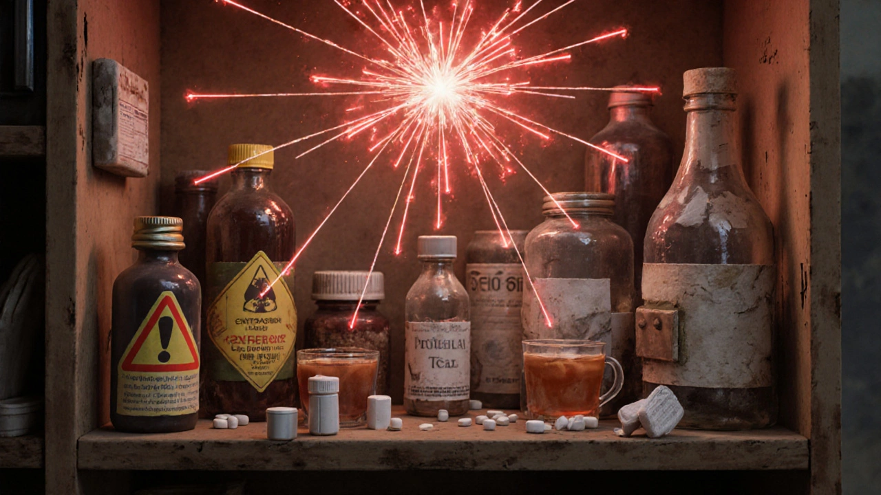 Clay medicine cabinet with dangerous drug combinations connected by glowing red threads leading to an explosion.