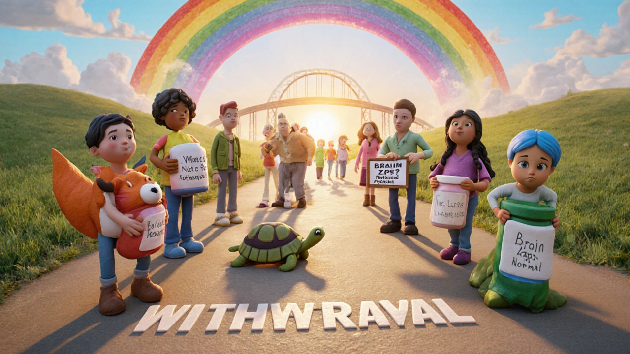 Diverse people walking a path with animal-shaped pill bottles, moving toward a sunrise bridge under a rainbow.