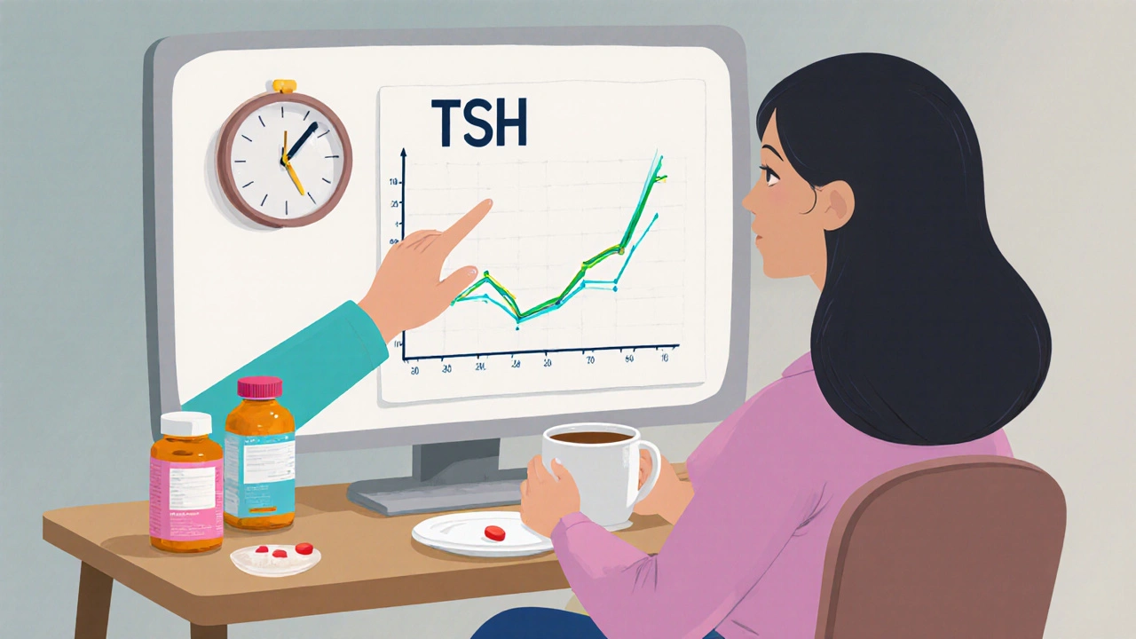 Doctor and patient reviewing TSH levels during prenatal visit with pill and coffee on table in clay style.