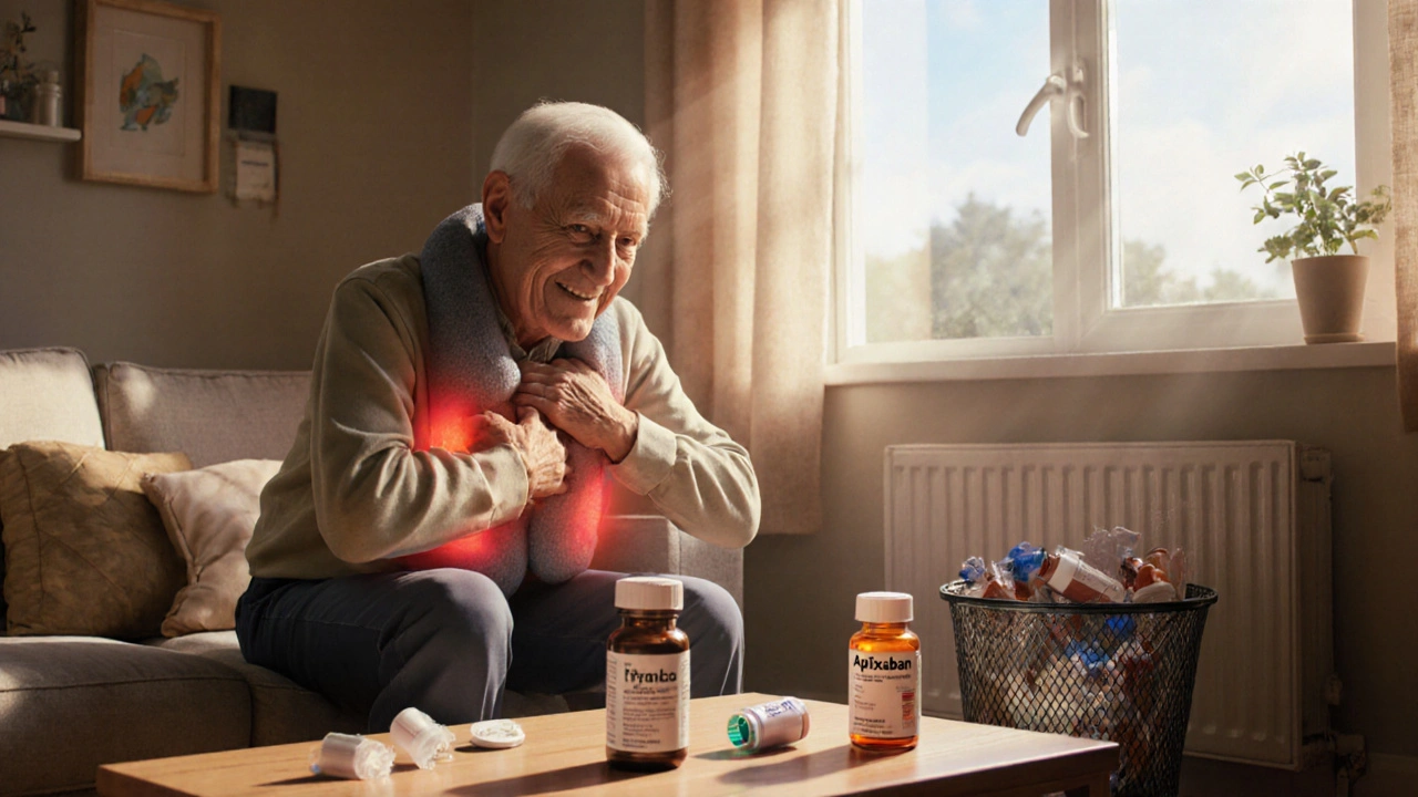 Elderly man using heat wrap and stretching safely with blood thinner and Tylenol nearby.