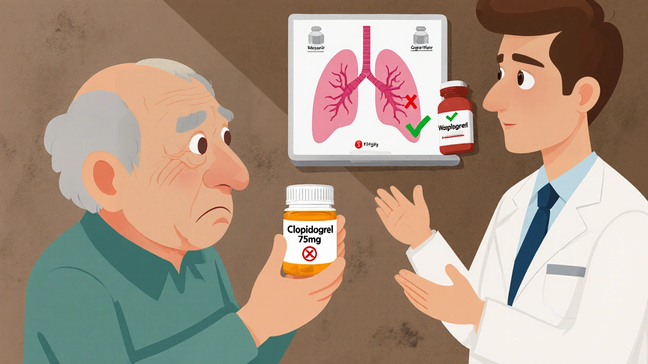 Elderly patient holding clopidogrel pill while doctor explains treatment options.