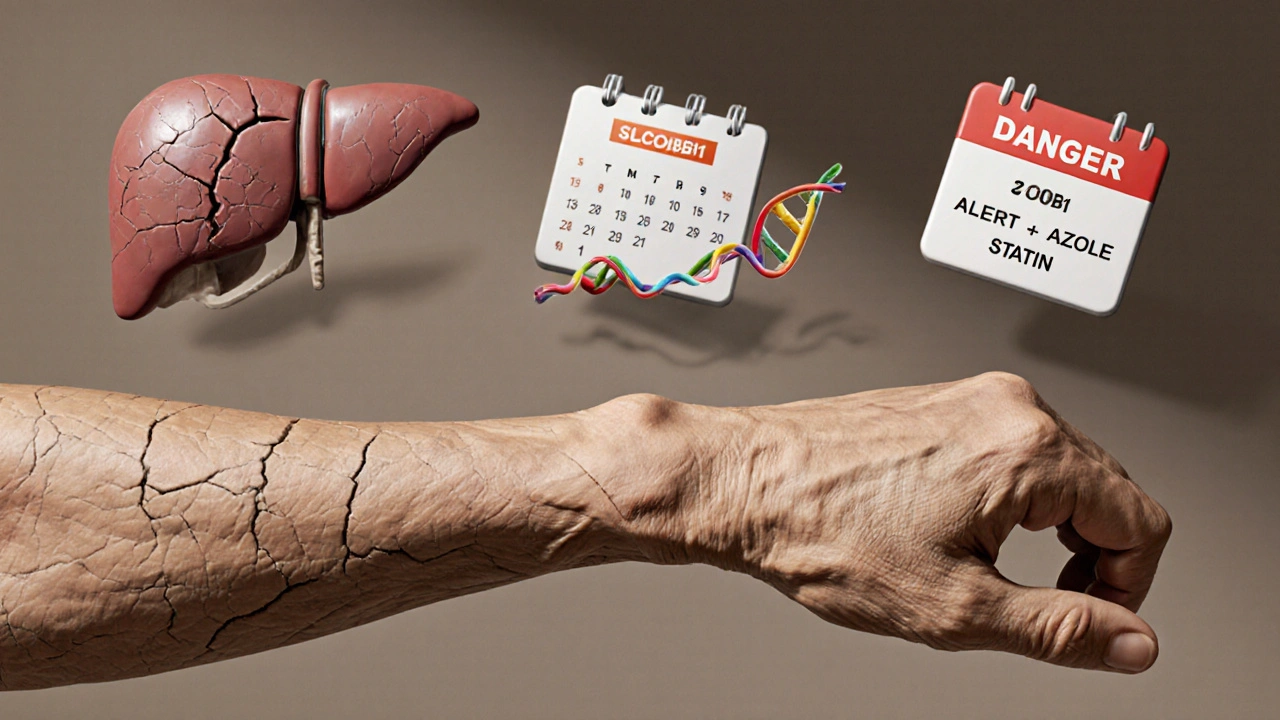 Elderly woman&#039;s arm showing muscle damage with medical warning icons floating nearby.