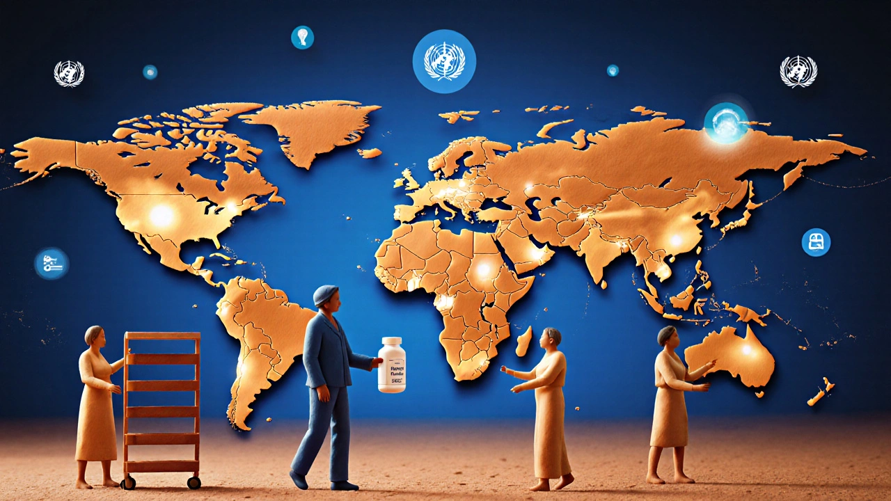 Global map showing access to thyroid medication during pregnancy with AI and WHO symbols in clay style.