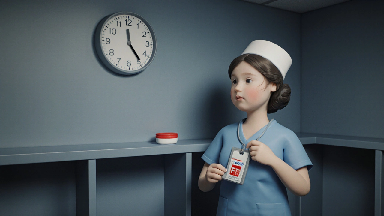Nurse putting on badge with pill case beside it in locker room.