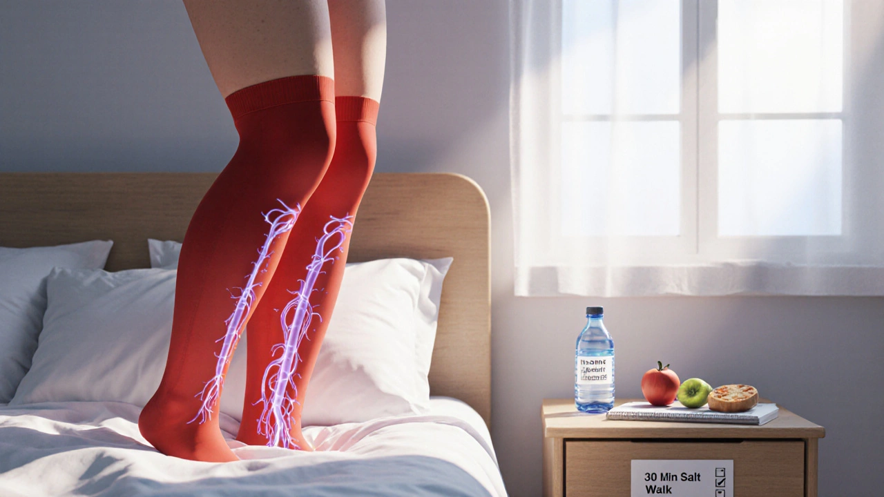Patient wearing compression stockings with elevated legs and healthy lifestyle items nearby.