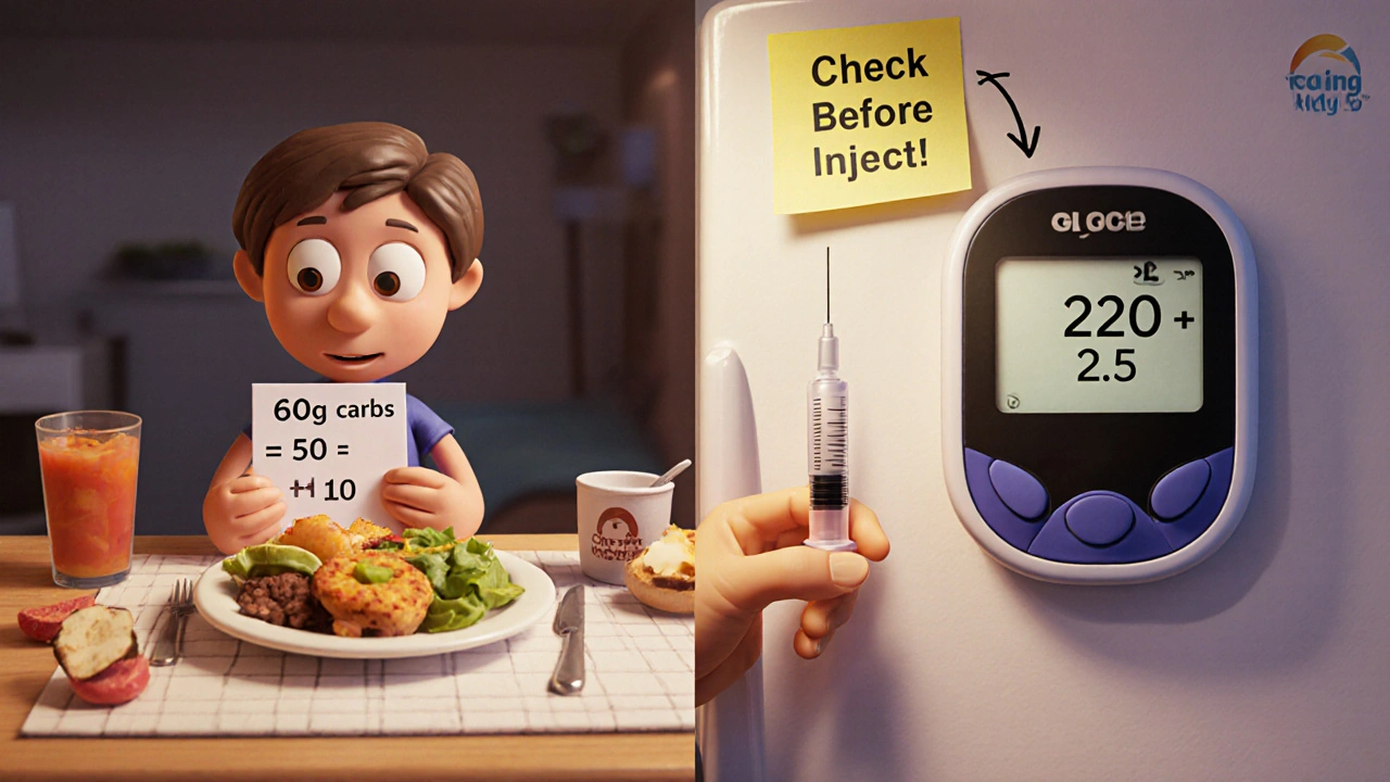 Person calculating insulin dose with carb ratio note and high blood sugar reading on monitor.