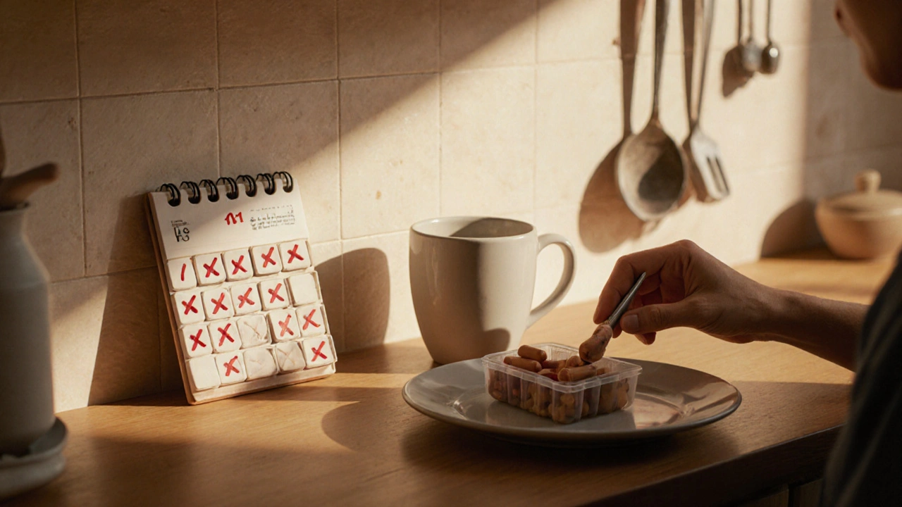 Person eating breakfast with pill organizer beside coffee mug and calendar showing streak of taken doses.