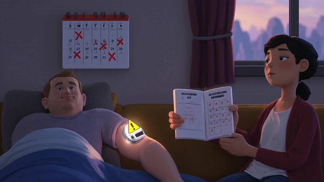 Person with CGM alert while family member prepares glucagon kit for potential hypoglycemia.