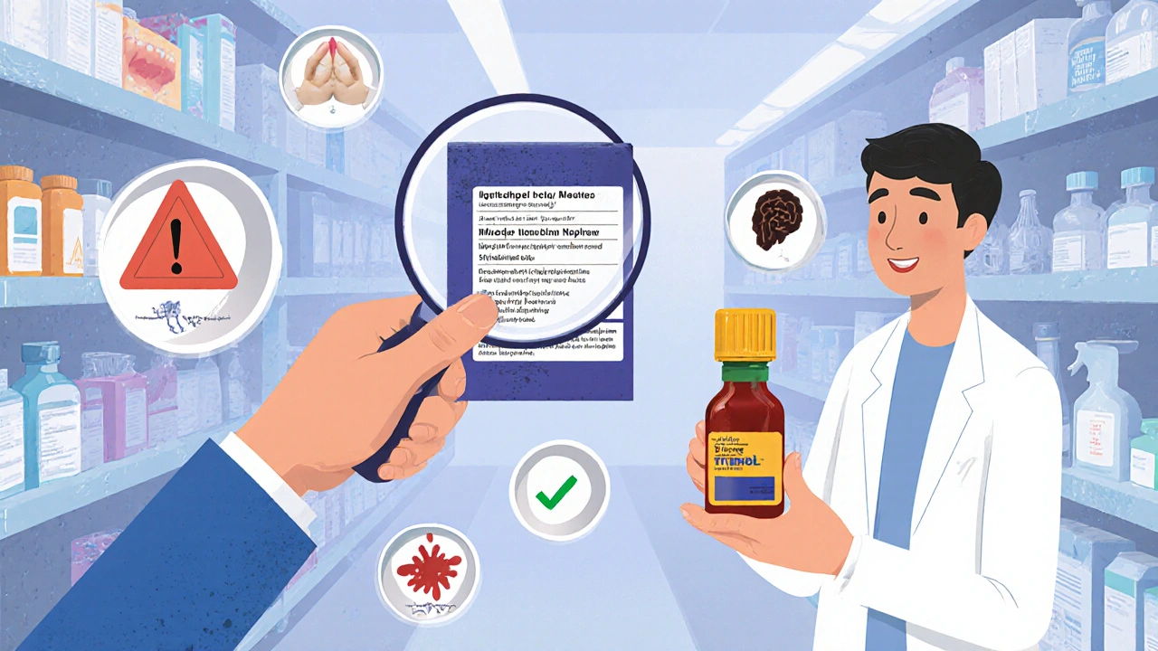 Pharmacist showing hidden NSAIDs in cold medicine box while patient holds safe acetaminophen.