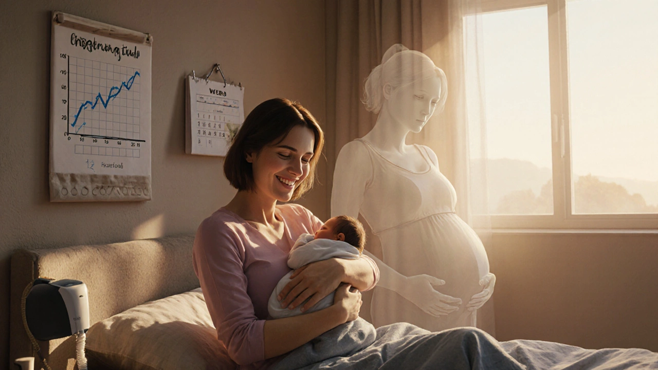Postpartum mother holding baby with sleep study graph on wall, symbolizing improved health.