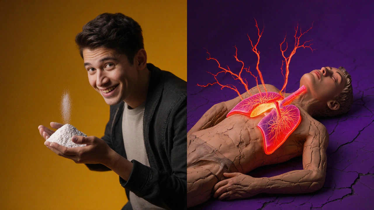 Split scene of someone using cocaine turning into a collapsed figure with toxic veins spreading through organs.