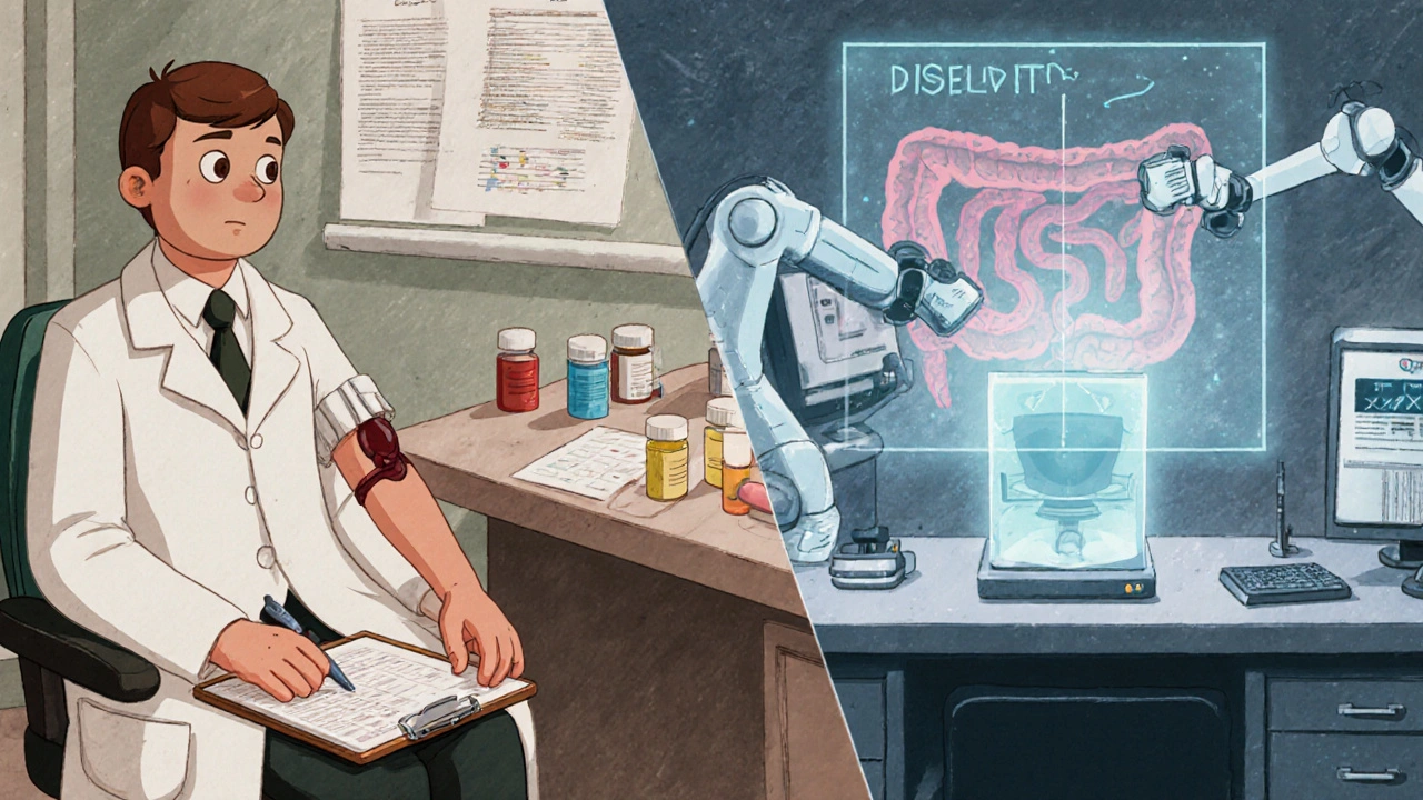 Split scene: old blood draw lab vs modern automated bioequivalence testing