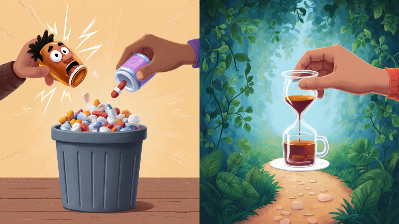 Split scene: one side shows abrupt pill disposal with distress, the other shows careful tapering with calm support.
