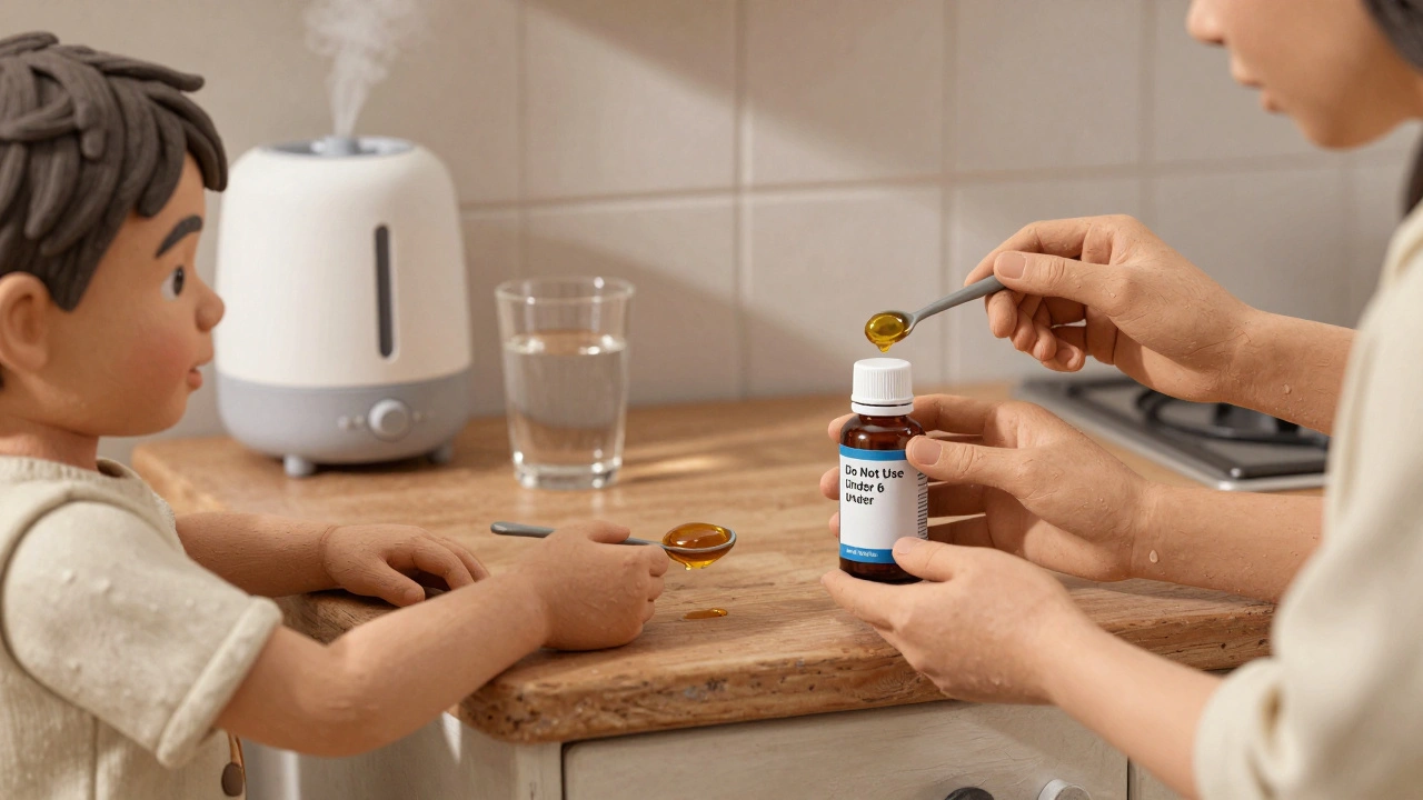 A child being given honey from a spoon, with a discarded cough medicine bottle on the counter.
