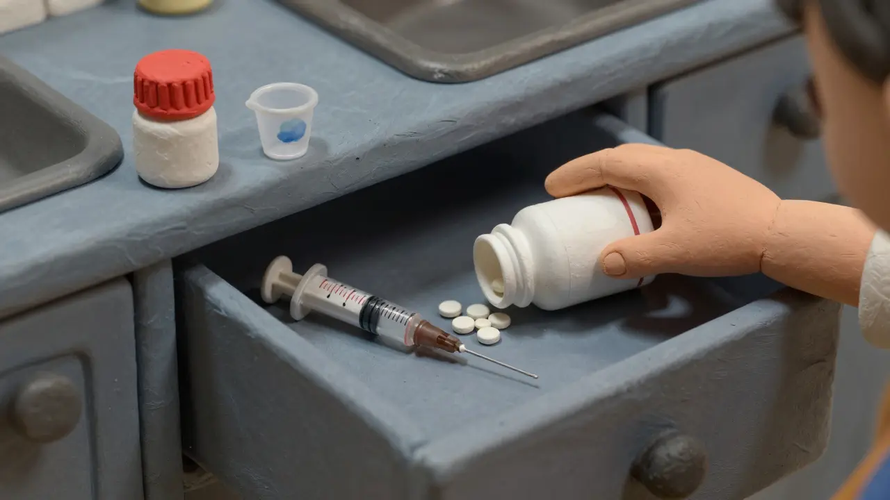 A child reaching for an unlocked opioid liquid bottle while safe measuring tools are locked away.