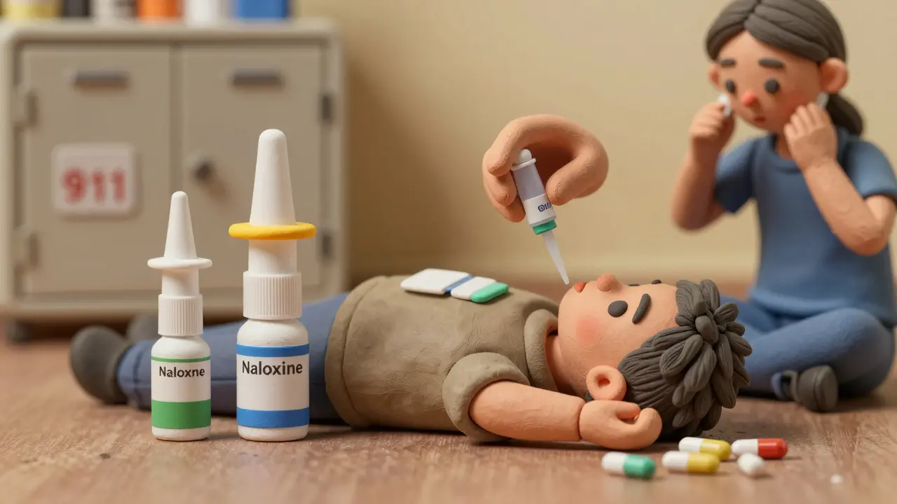 A family administers naloxone to an overdosed person, with medication safety items visible in background.