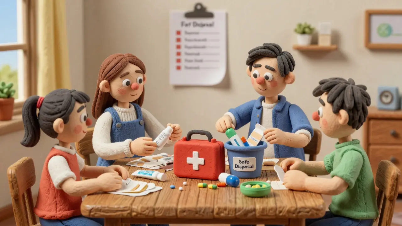 A family organizing their first-aid kit, discarding expired items and restocking with new supplies.