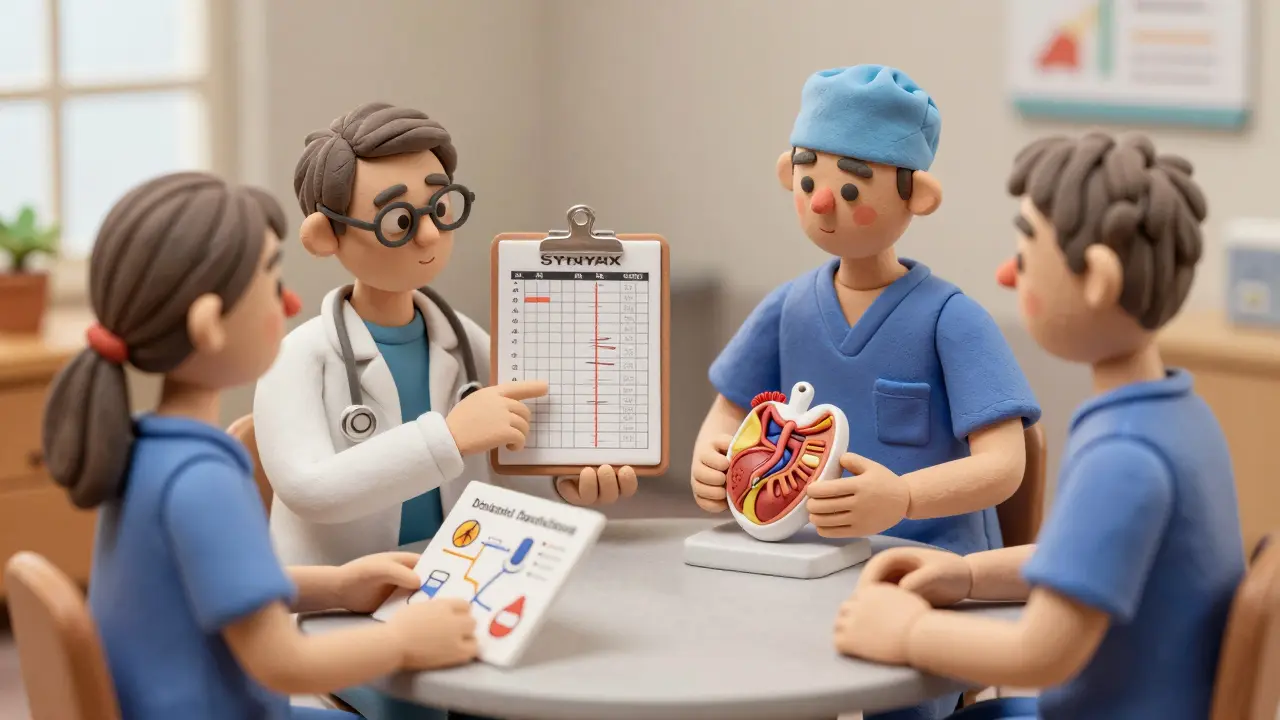A heart team of medical professionals and a patient discussing treatment options with a SYNTAX score map and graft model.