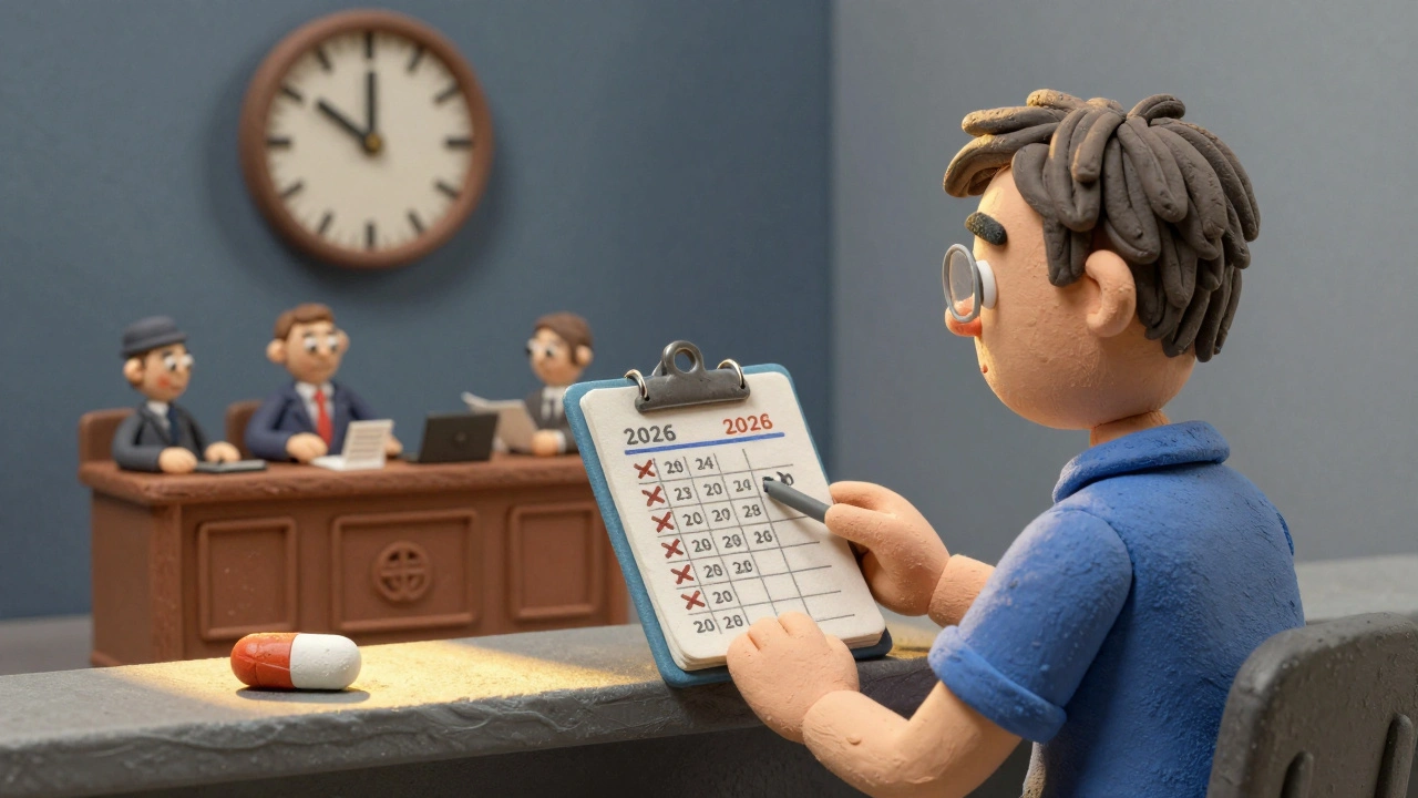 A patient watches a slow-ticking clock above a courtroom, delaying access to affordable medicine.