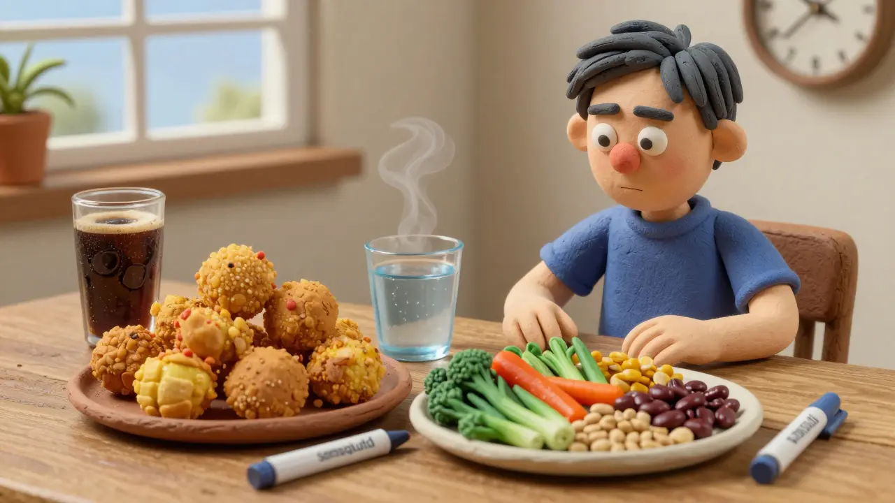 A person choosing a healthy meal over junk food, with a GLP-1 RA pen and clock showing 20 minutes of activity.