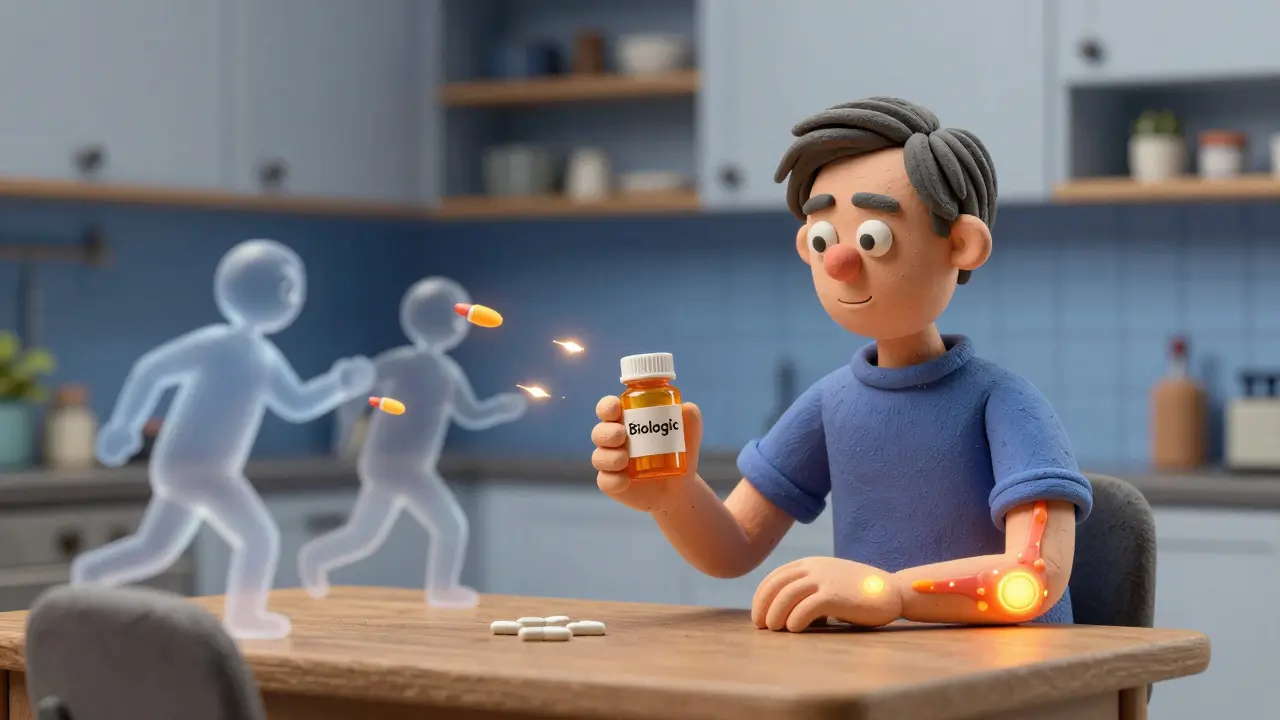 A person holding a biologic pill as miniature immune-targeting missiles fly toward inflamed joints.