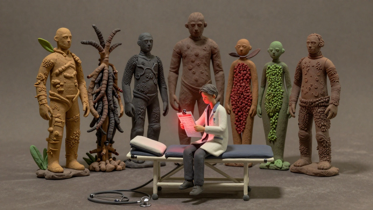 A person holding a blood test showing liver damage, surrounded by giant clay herbs looming like threats under dim medical lighting.