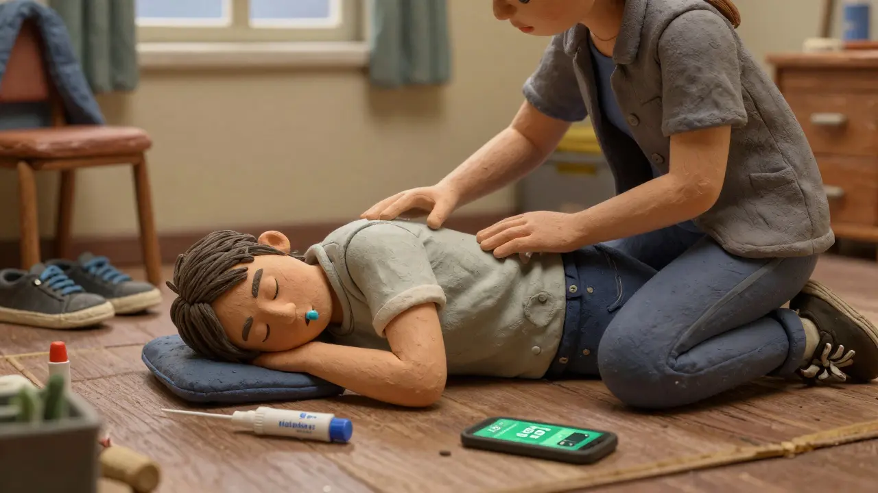 A person in recovery position on the floor, monitored by a friend with a second naloxone spray nearby.