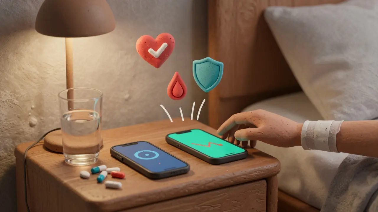 A person setting two phone alarms next to medication and water on a nightstand, symbolizing timely dosing.