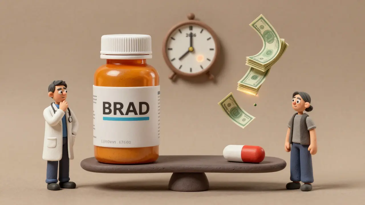 A scale balancing a large brand drug bottle against a small generic pill, with money falling from the generic side.