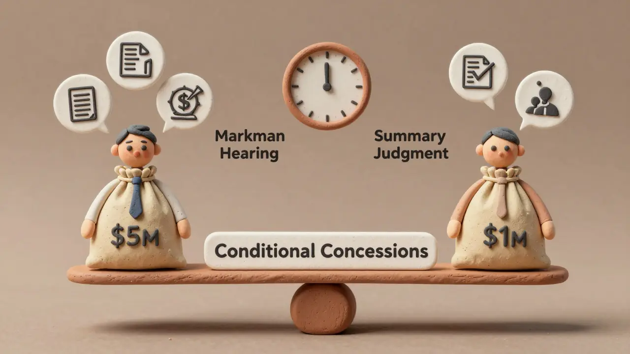 A seesaw balances patent claims and settlement amounts, symbolizing a high-low agreement between companies.