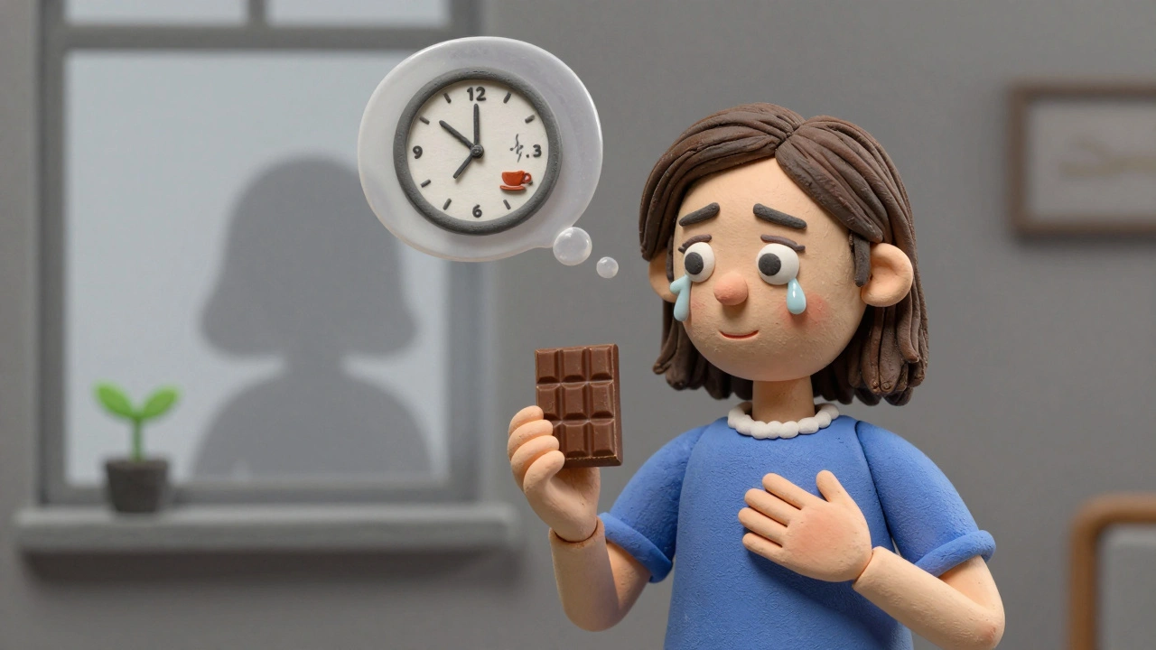 A woman savoring a square of chocolate, with a fading habit and growing plant symbolizing her emotional transformation.