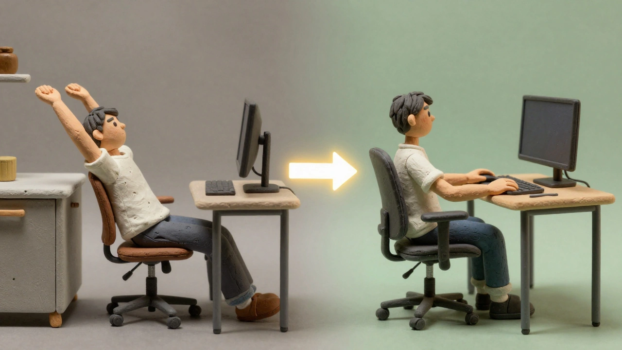 Before-and-after comparison of poor vs. proper ergonomic posture at a workstation.