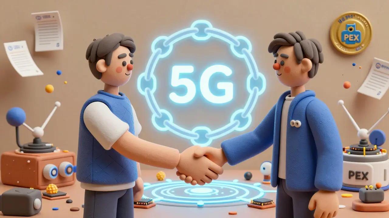 Companies shake hands over a shared 5G tech lab, with blockchain royalties and dissolved patents in the background.
