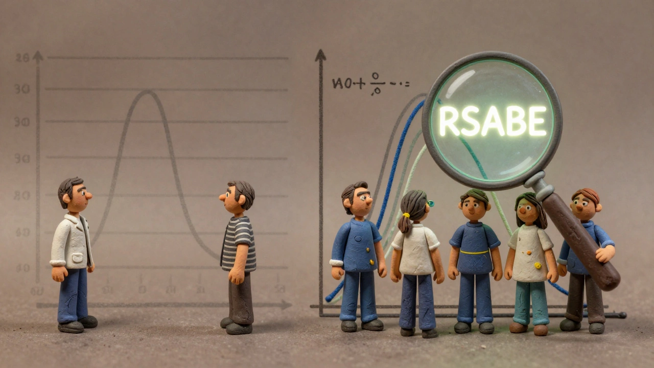 Comparison of standard crossover study (left) versus precise replicate design (right) with glowing variability curves and RSABE formula.