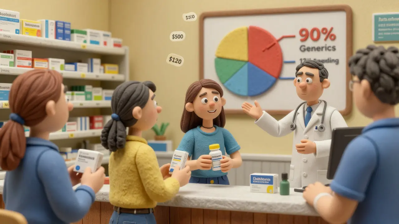 Diverse customers in a pharmacy receiving generic medications while a chart shows cost savings.