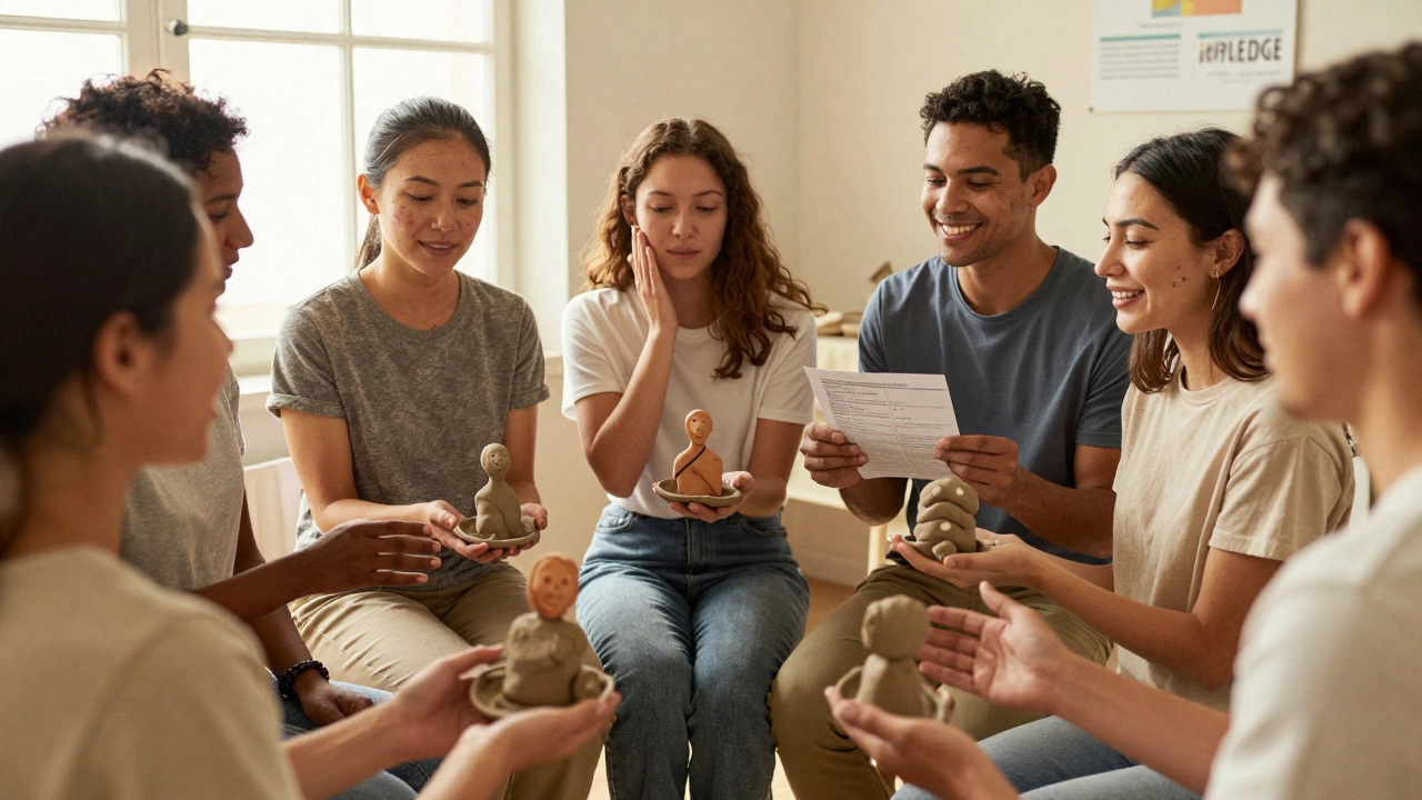 Diverse group of patients celebrating clear skin with before-and-after clay models in a circle