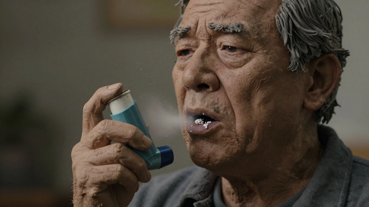 Elderly person struggling to use a dry powder inhaler, powder clumping in throat.