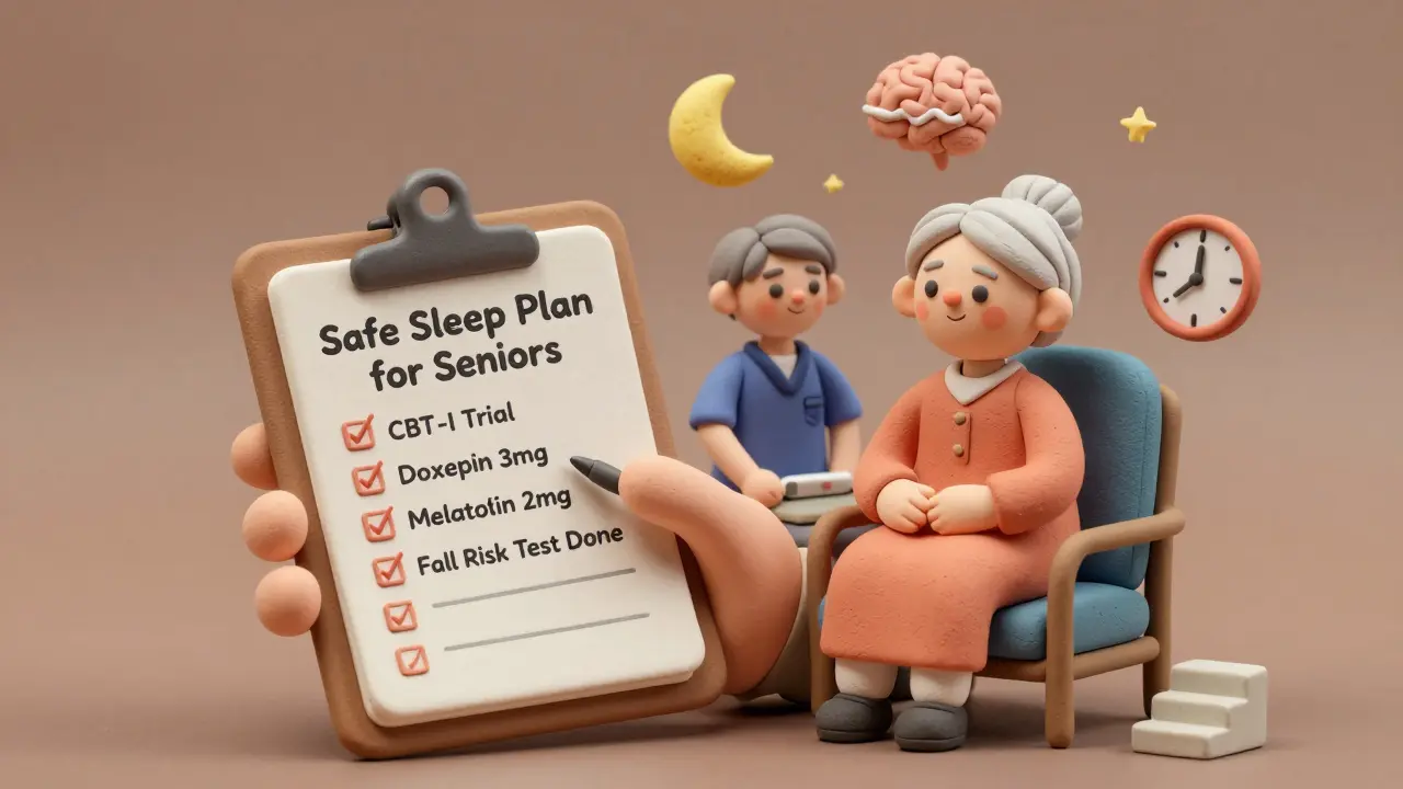 Elderly woman with therapist, checklist for safe sleep options floating nearby in clay style.