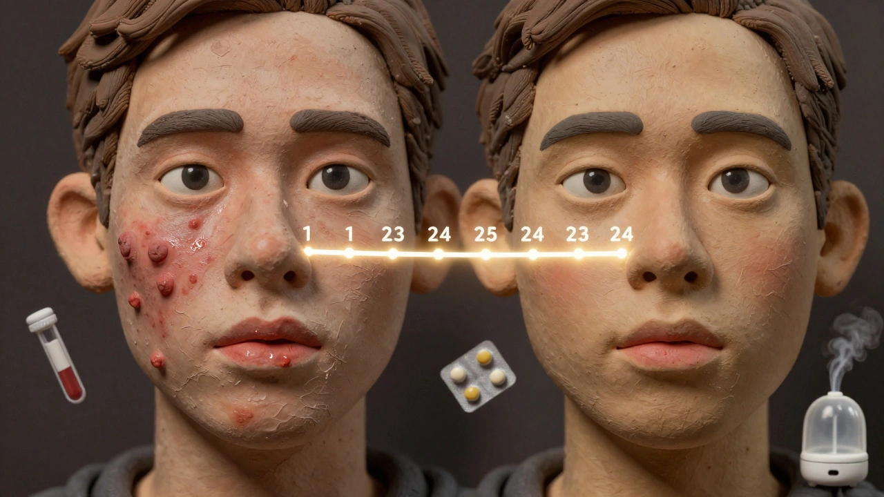 Face showing acne transformation from inflamed cysts to clear skin with lab icons floating around