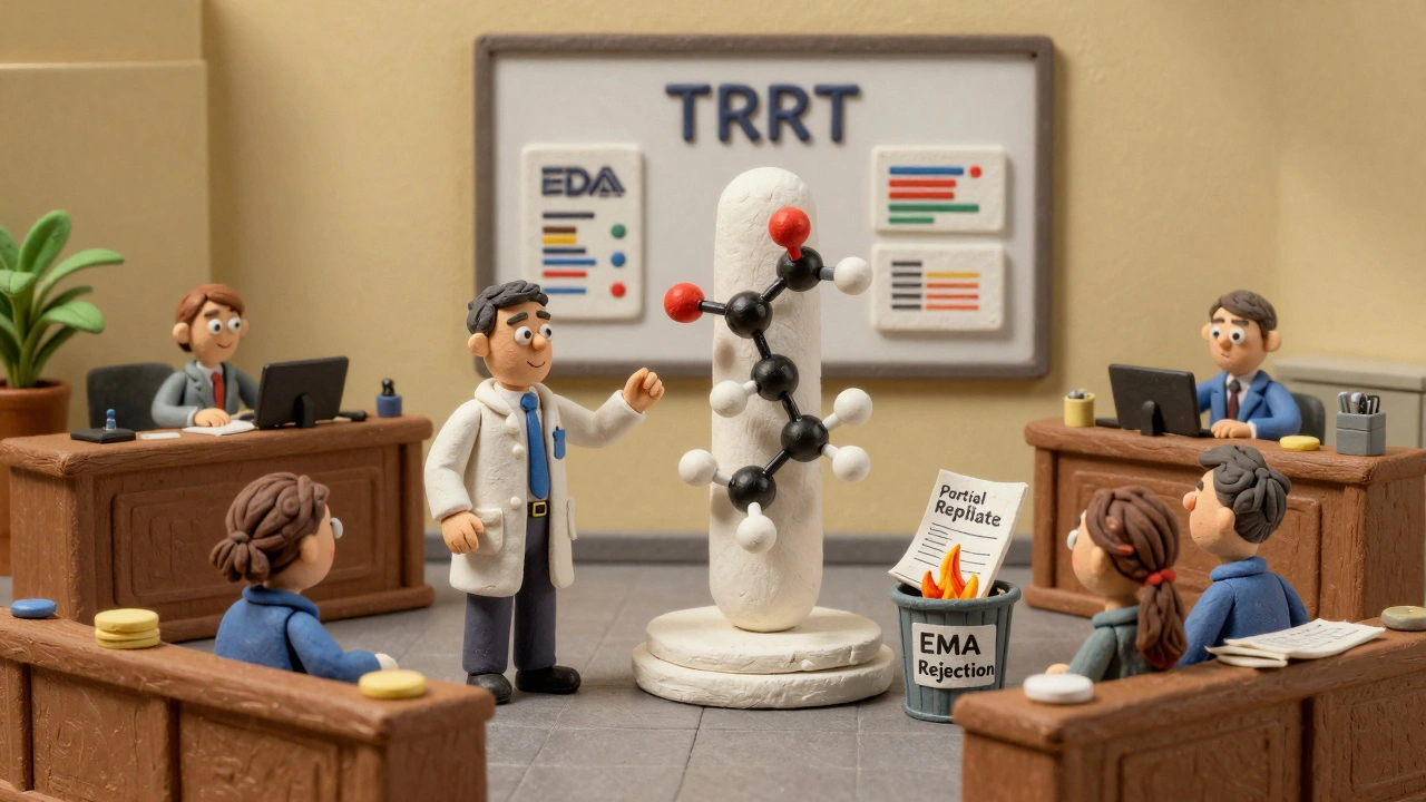 FDA inspector approving a four-period replicate study while a rejected partial design burns in a bin labeled EMA.