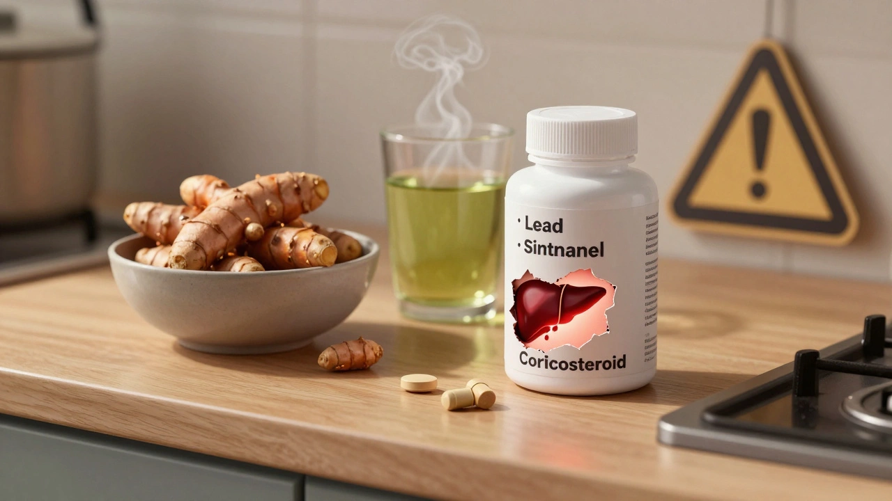 Fresh turmeric and tea beside dangerous supplement pills that reveal hidden drugs, with one pill cracked open to show a damaged liver inside.